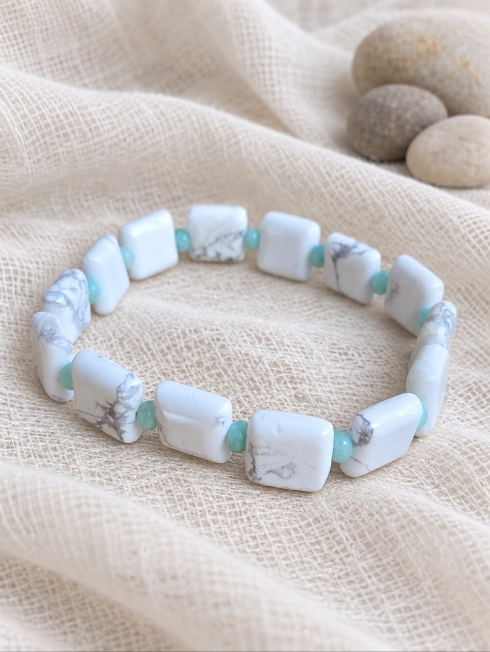 White Howlite & Amazonite Beaded Stretch Bracelet | Handmade